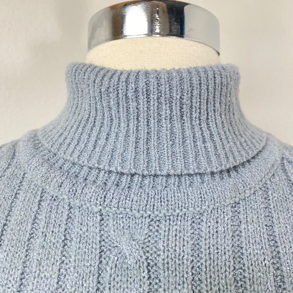 Vintage Gray Knit A-Line Knee Length Dress Med Turtleneck Long Sleeves Academia